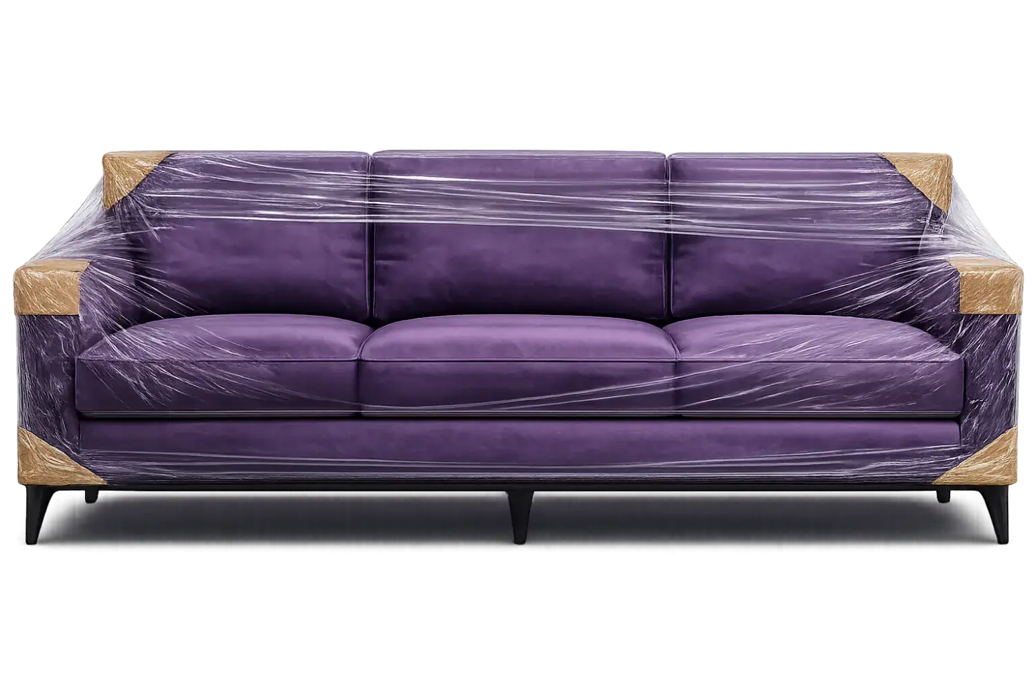 Professional movers wrapping a sofa with care