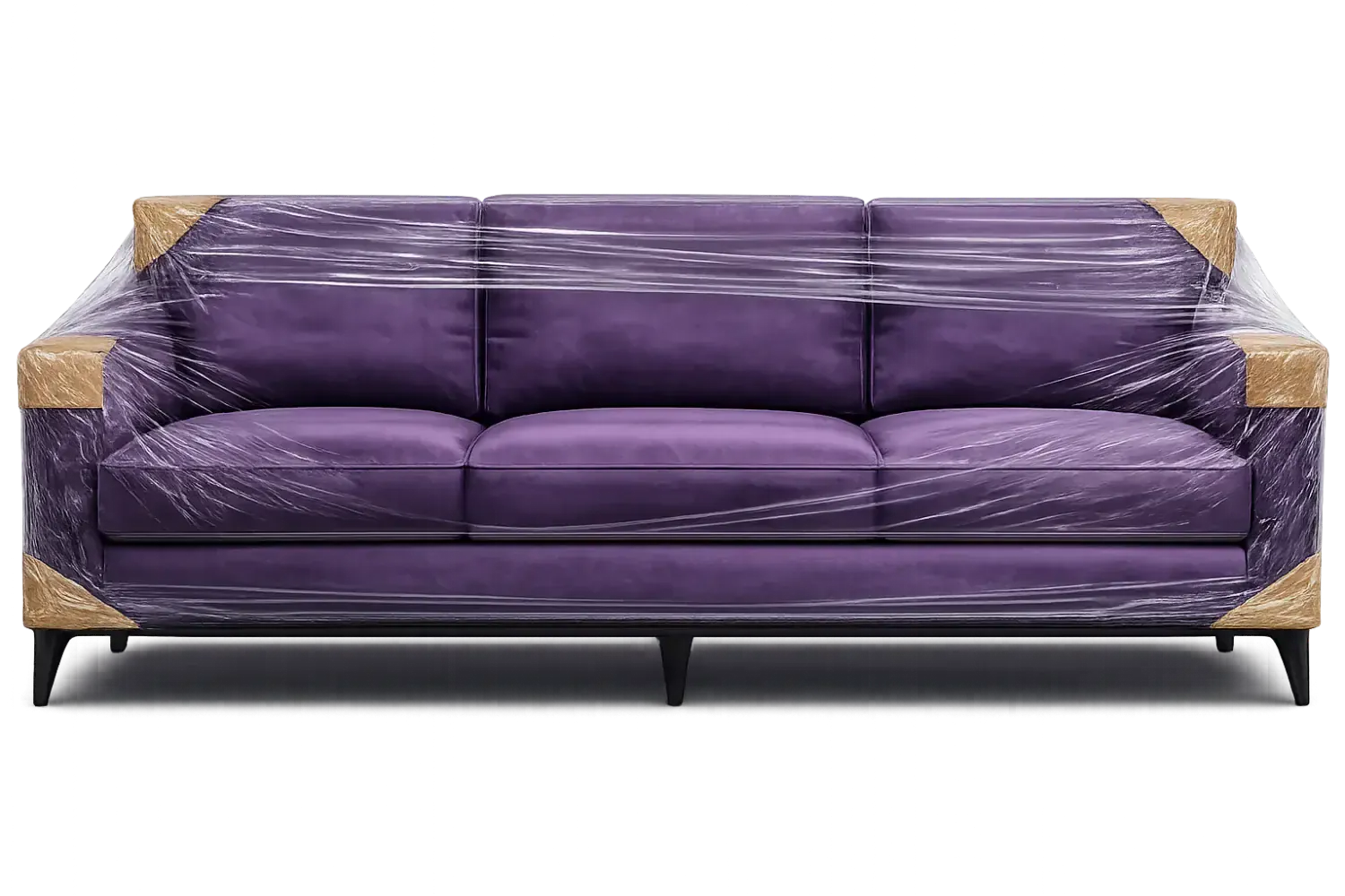 Professional movers wrapping a sofa with care